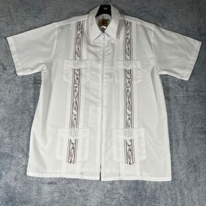 Haband Guayabera Mens White Zip Front Short Sleeve Embroidered Shirt Size M